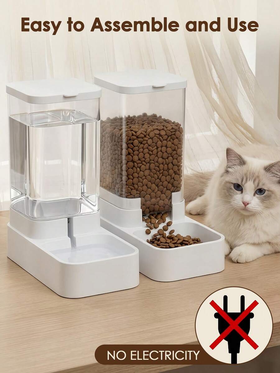 White automatic pet feeder and water dispenser set made of ABS plastic with gravity self-refilling design for cats and dogs