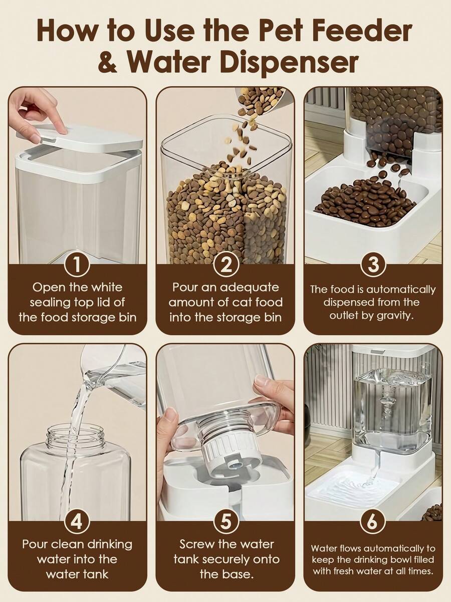 White automatic pet feeder and water dispenser set made of ABS plastic with gravity self-refilling design for cats and dogs