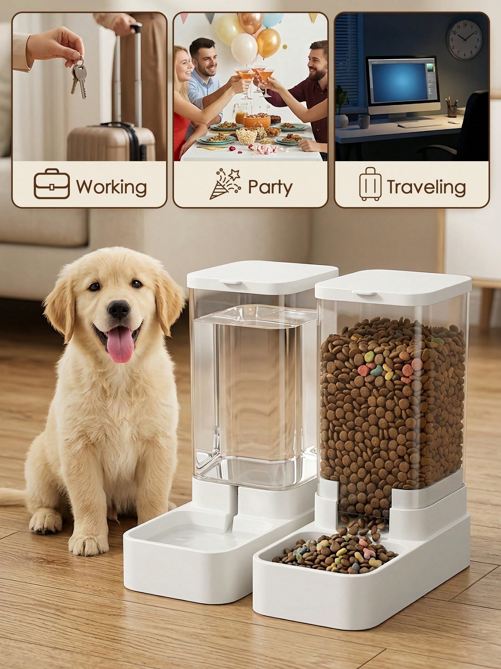 White automatic pet feeder and water dispenser set made of ABS plastic with gravity self-refilling design for cats and dogs