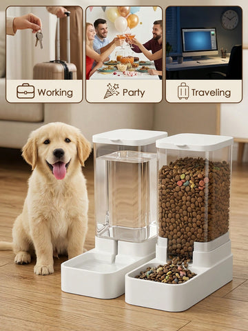 White automatic pet feeder and water dispenser set made of ABS plastic with gravity self-refilling design for cats and dogs