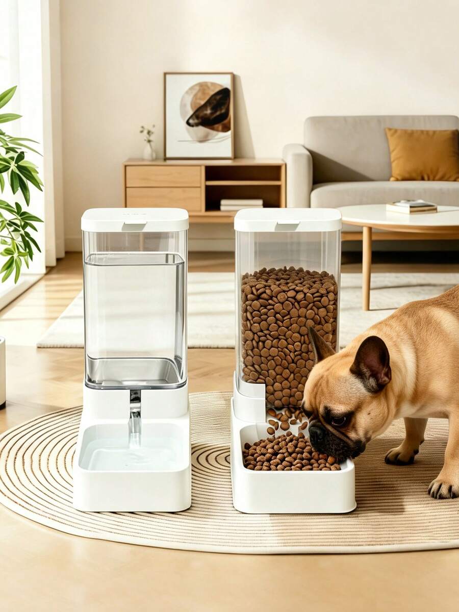 White automatic pet feeder and water dispenser set made of ABS plastic with gravity self-refilling design for cats and dogs