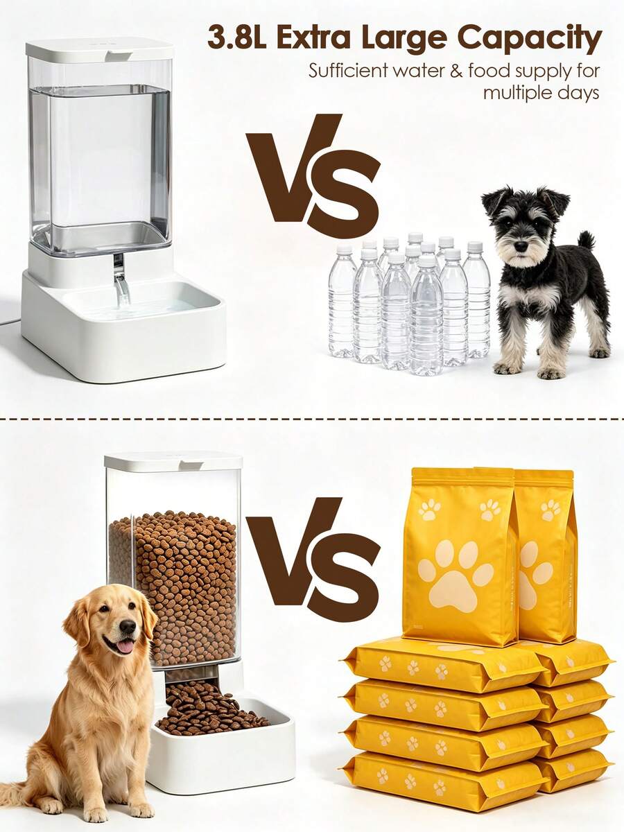 White automatic pet feeder and water dispenser set made of ABS plastic with gravity self-refilling design for cats and dogs
