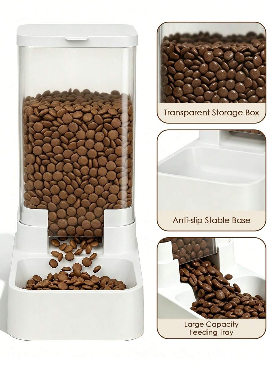 White automatic pet feeder and water dispenser set made of ABS plastic with gravity self-refilling design for cats and dogs