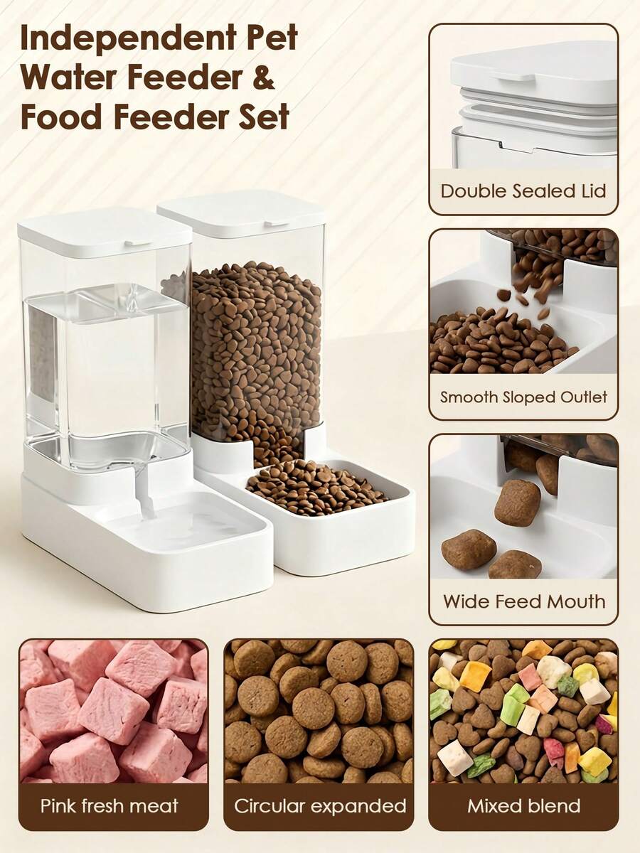 White automatic pet feeder and water dispenser set made of ABS plastic with gravity self-refilling design for cats and dogs
