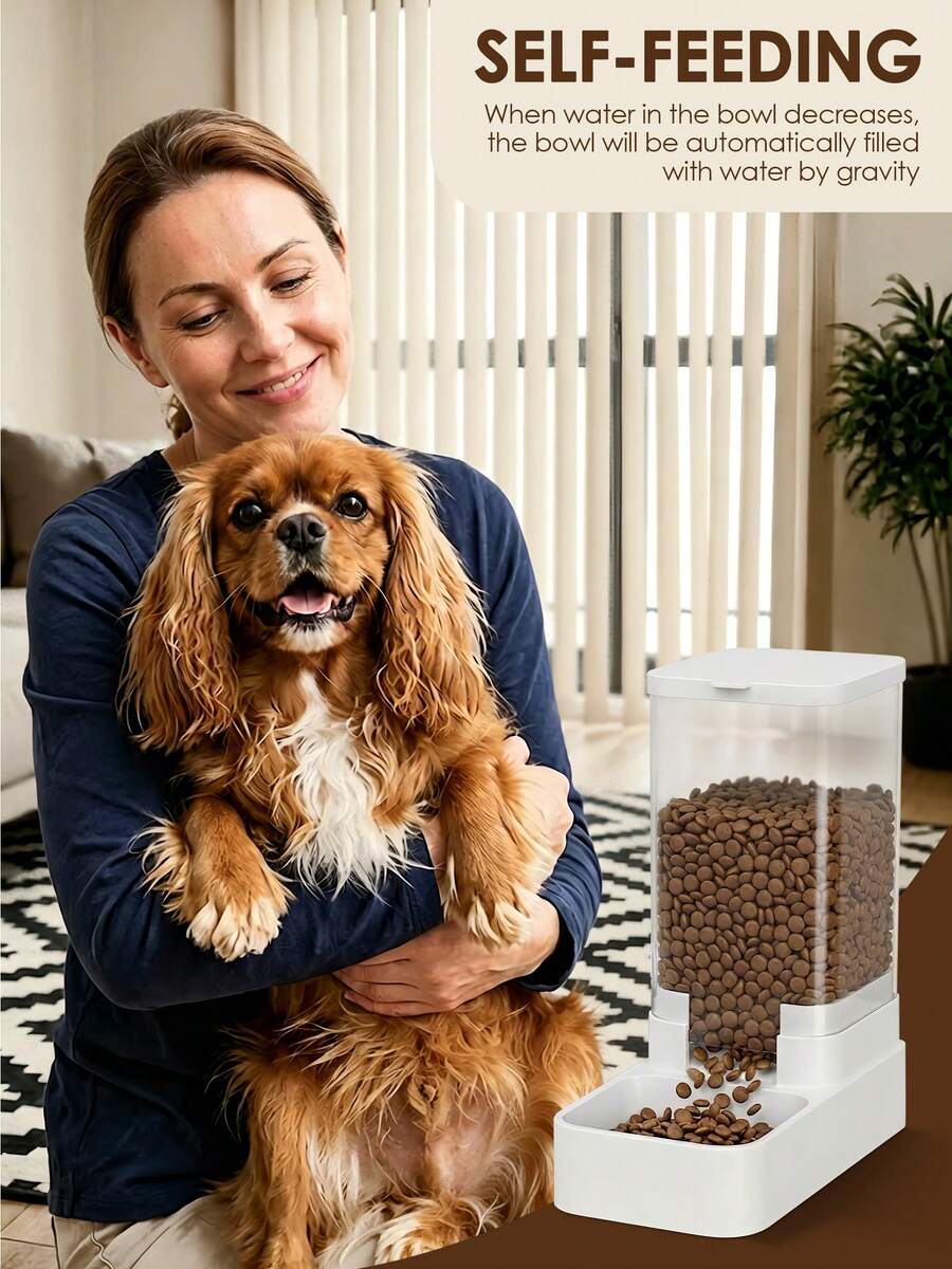 White automatic pet feeder and water dispenser set made of ABS plastic with gravity self-refilling design for cats and dogs