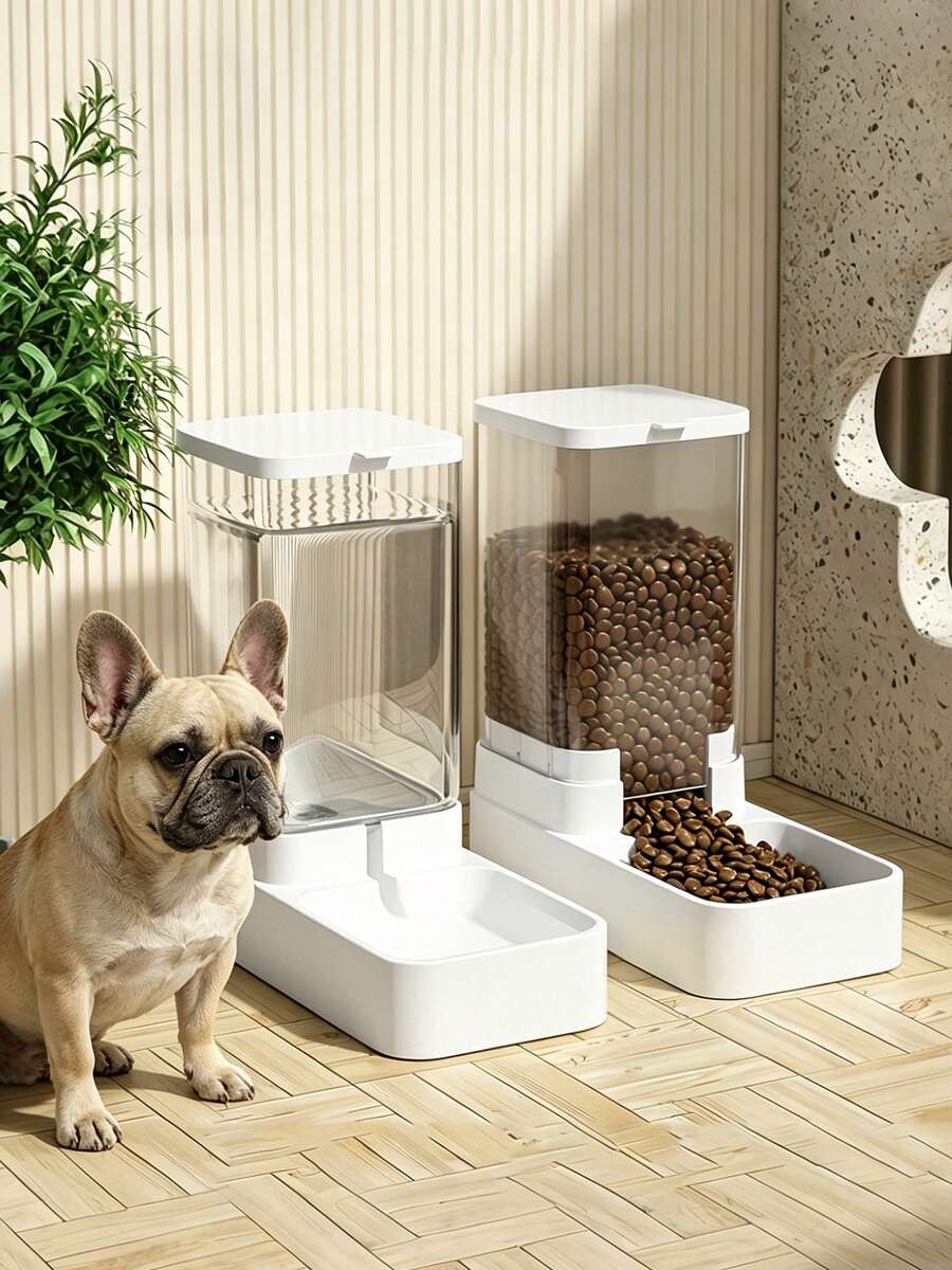 White automatic pet feeder and water dispenser set made of ABS plastic with gravity self-refilling design for cats and dogs