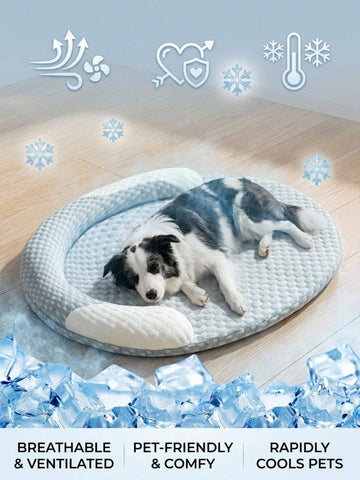 Grey plaid cooling dog bed with vacuum compressed memory foam filling made of polyester for dogs and cats.