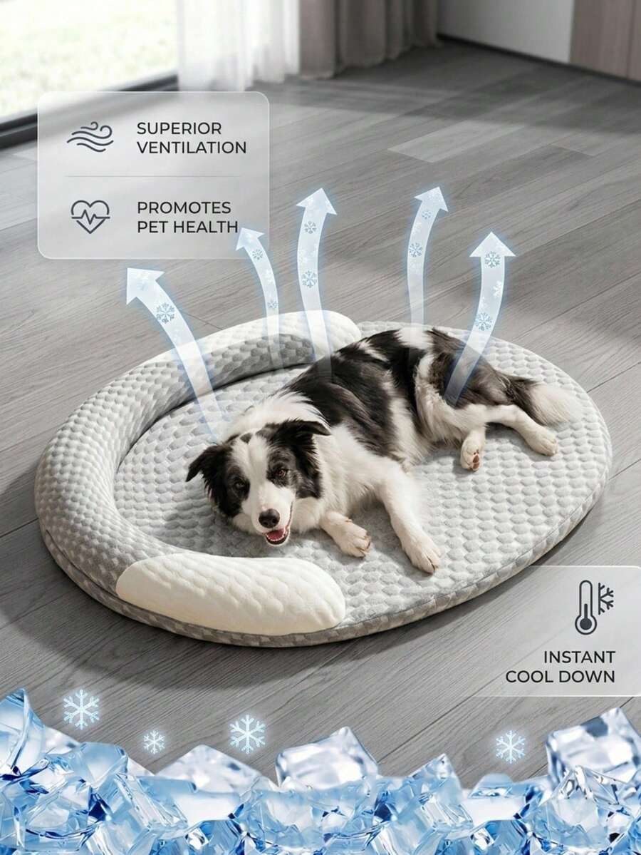 Grey plaid cooling dog bed with vacuum compressed memory foam filling made of polyester for dogs and cats.