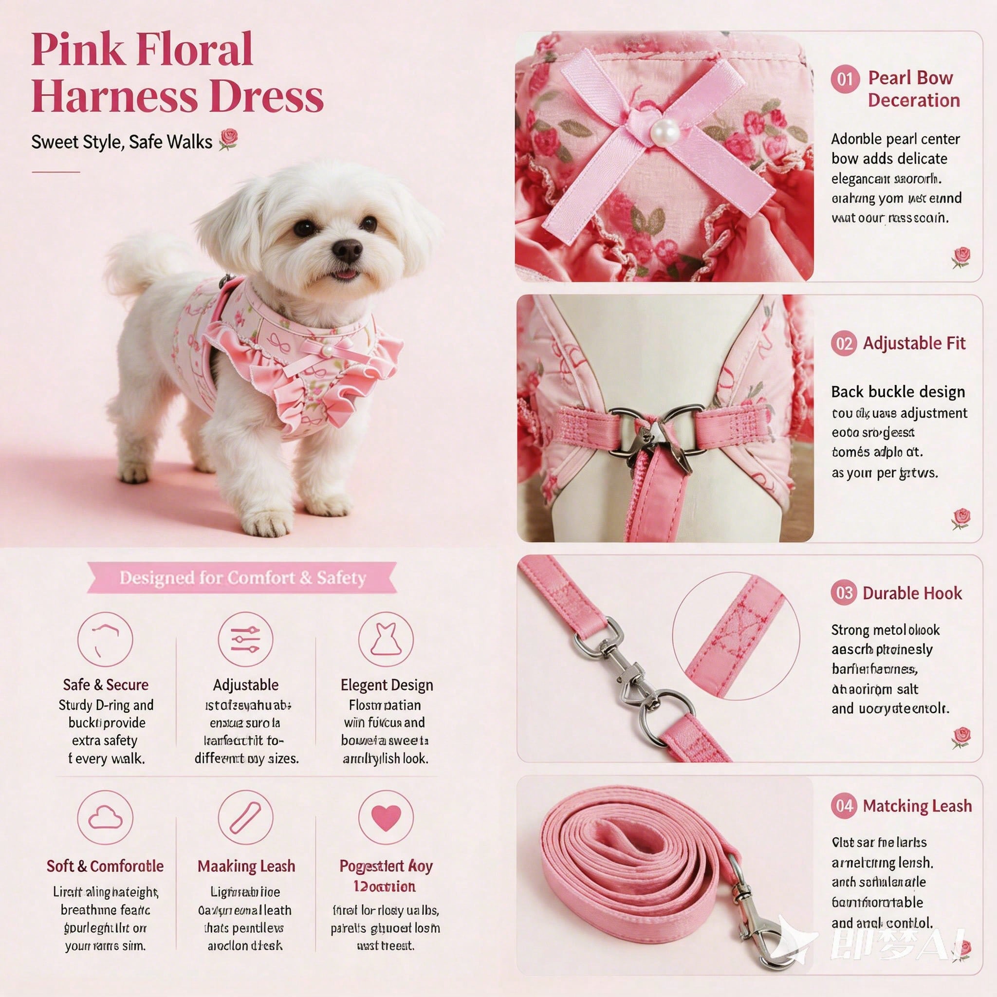 Pink polyester dog vest harness and leash set for small pets with bowknot, floral, pearl, and ruffle design plus safety snap buckle