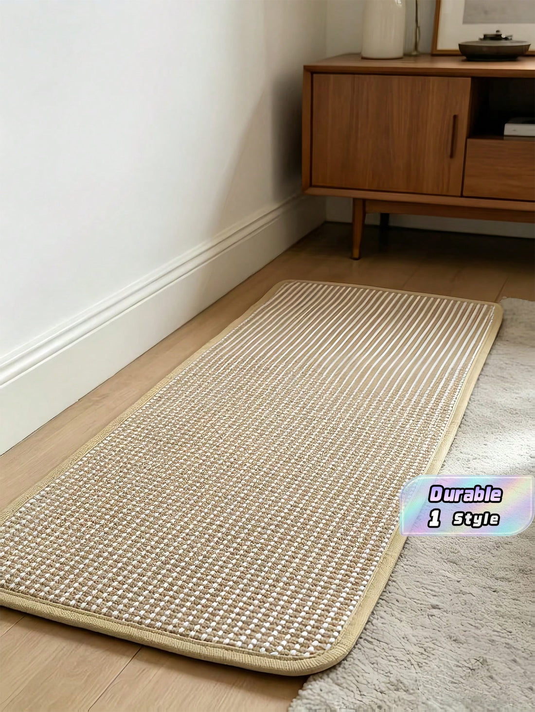 Vertical sisal cat scratching board mounted as a sofa protector with hook and loop fasteners for cats.