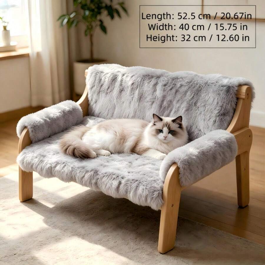 Elevated wooden pet sofa bed featuring a brown memory foam cushion with a removable washable cover, designed for cats and dogs.