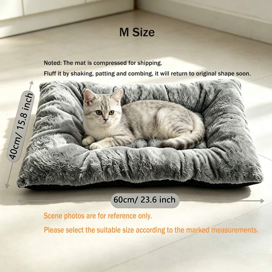 Grey long plush dog crate mat with thick PP cotton padding and a dotted non-slip bottom.
