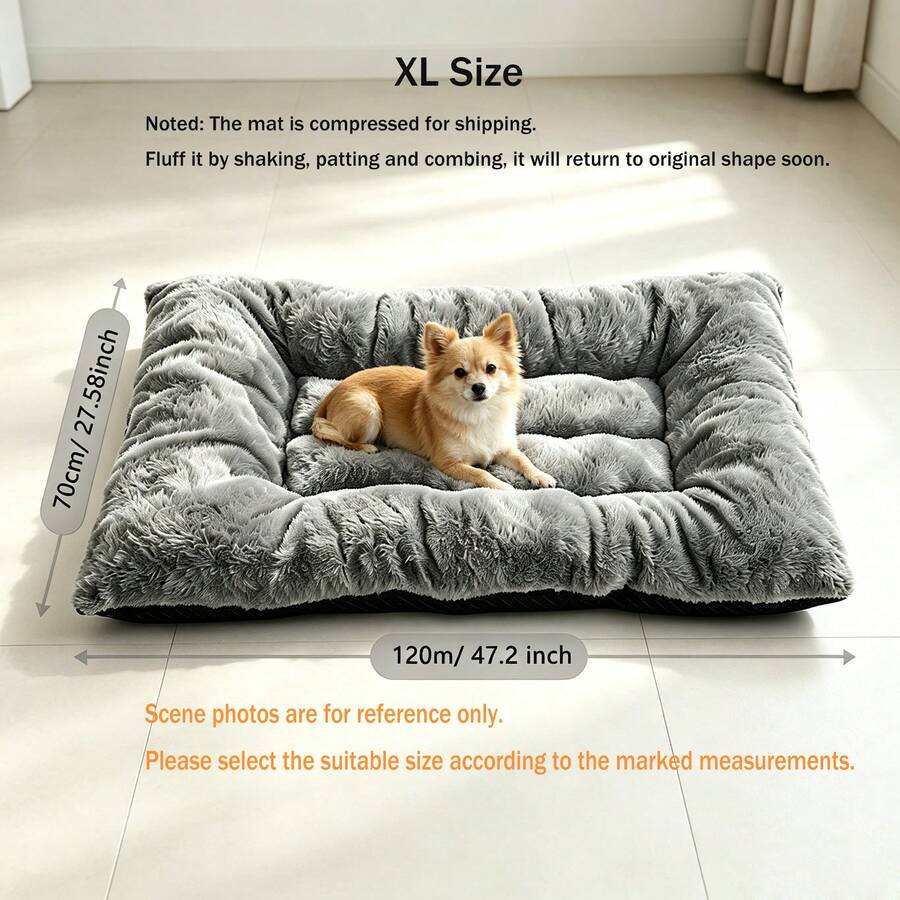 Grey long plush dog crate mat with thick PP cotton padding and a dotted non-slip bottom.