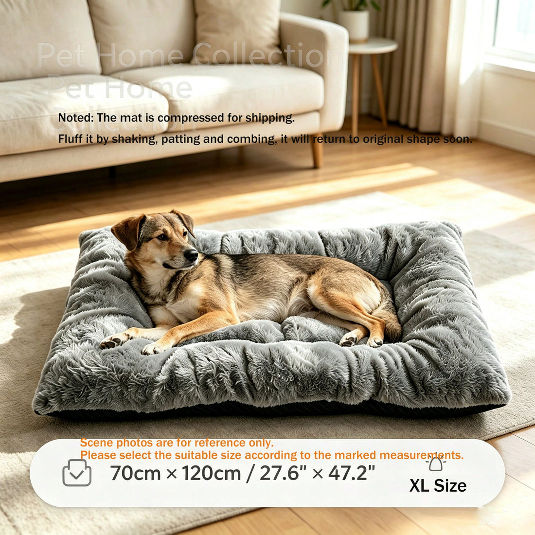 Grey plush pet bed mat with soft long plush top, thick padded filling, and non-slip bottom for dogs and cats