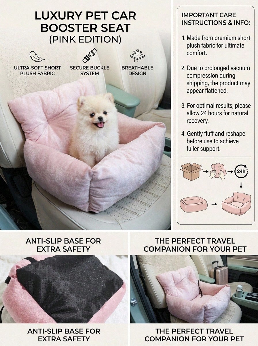 1pc Detachable Pink Pet Car Seat Cushion, Suitable For All Seasons, Pet Car Seat, Pet Bed With Leash, Fit For Medium & Small Cats And Dogs