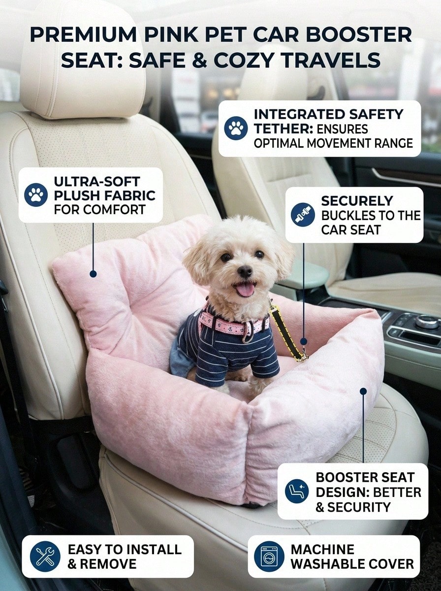 1pc Detachable Pink Pet Car Seat Cushion, Suitable For All Seasons, Pet Car Seat, Pet Bed With Leash, Fit For Medium & Small Cats And Dogs