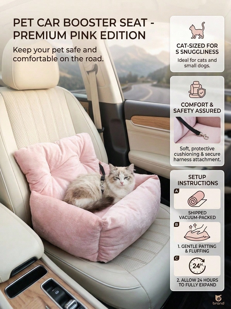 1pc Detachable Pink Pet Car Seat Cushion, Suitable For All Seasons, Pet Car Seat, Pet Bed With Leash, Fit For Medium & Small Cats And Dogs