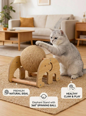 Sisal cat scratching post featuring a vertical roller ball in Lucky Elephant Cat Paw design for cats.