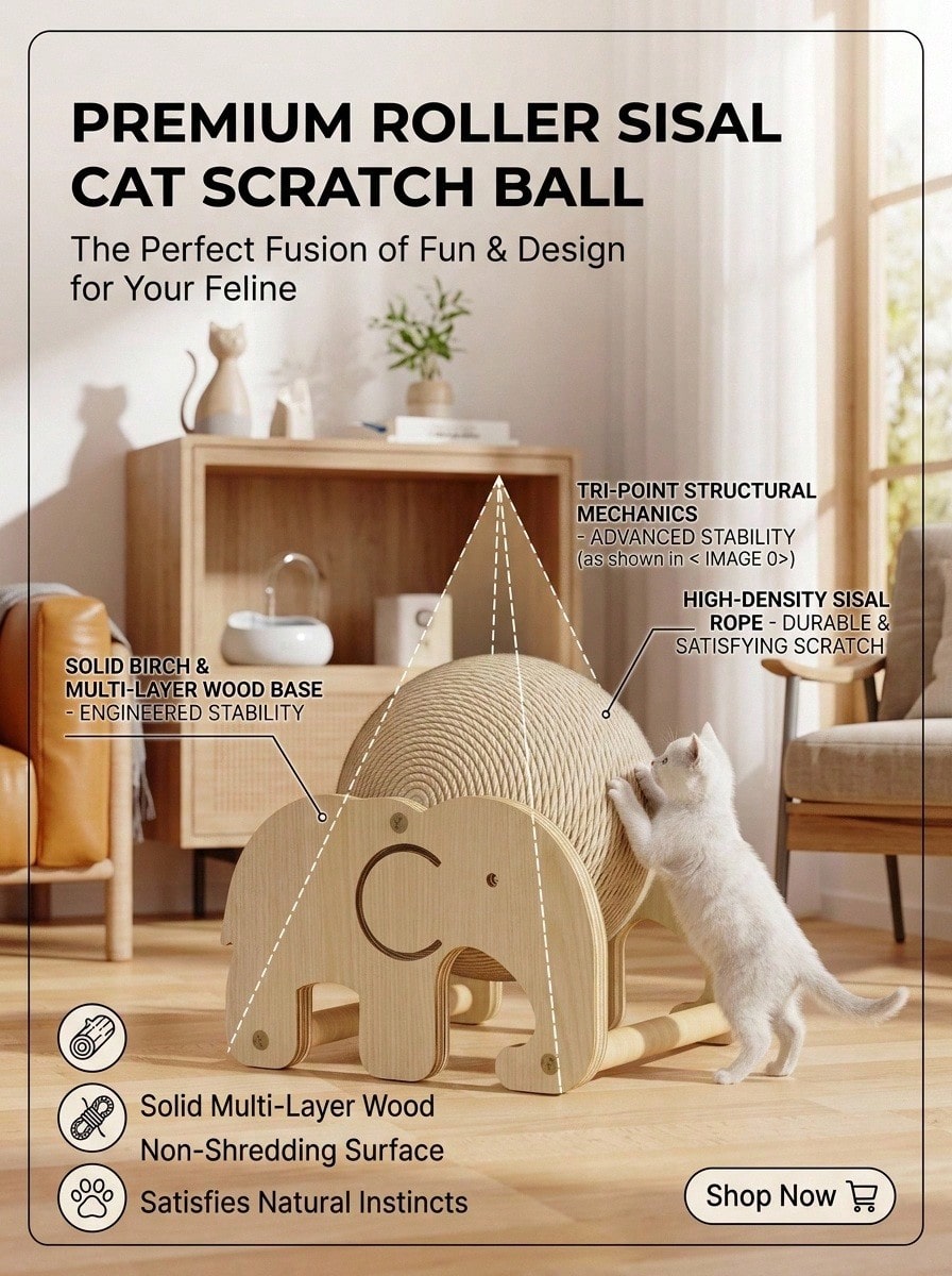Sisal cat scratching post featuring a vertical roller ball in Lucky Elephant Cat Paw design for cats.