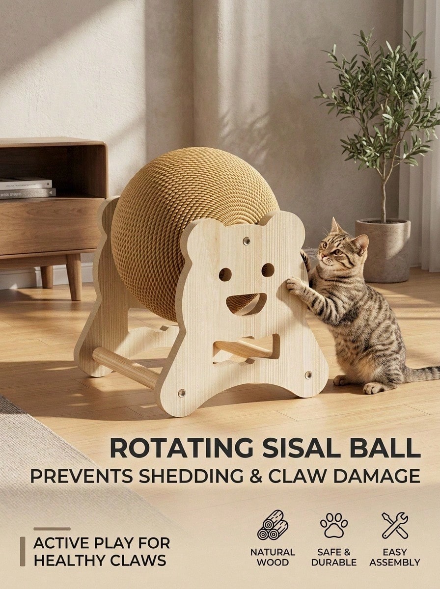 Sisal cat scratching post featuring a vertical roller ball in Lucky Elephant Cat Paw design for cats.