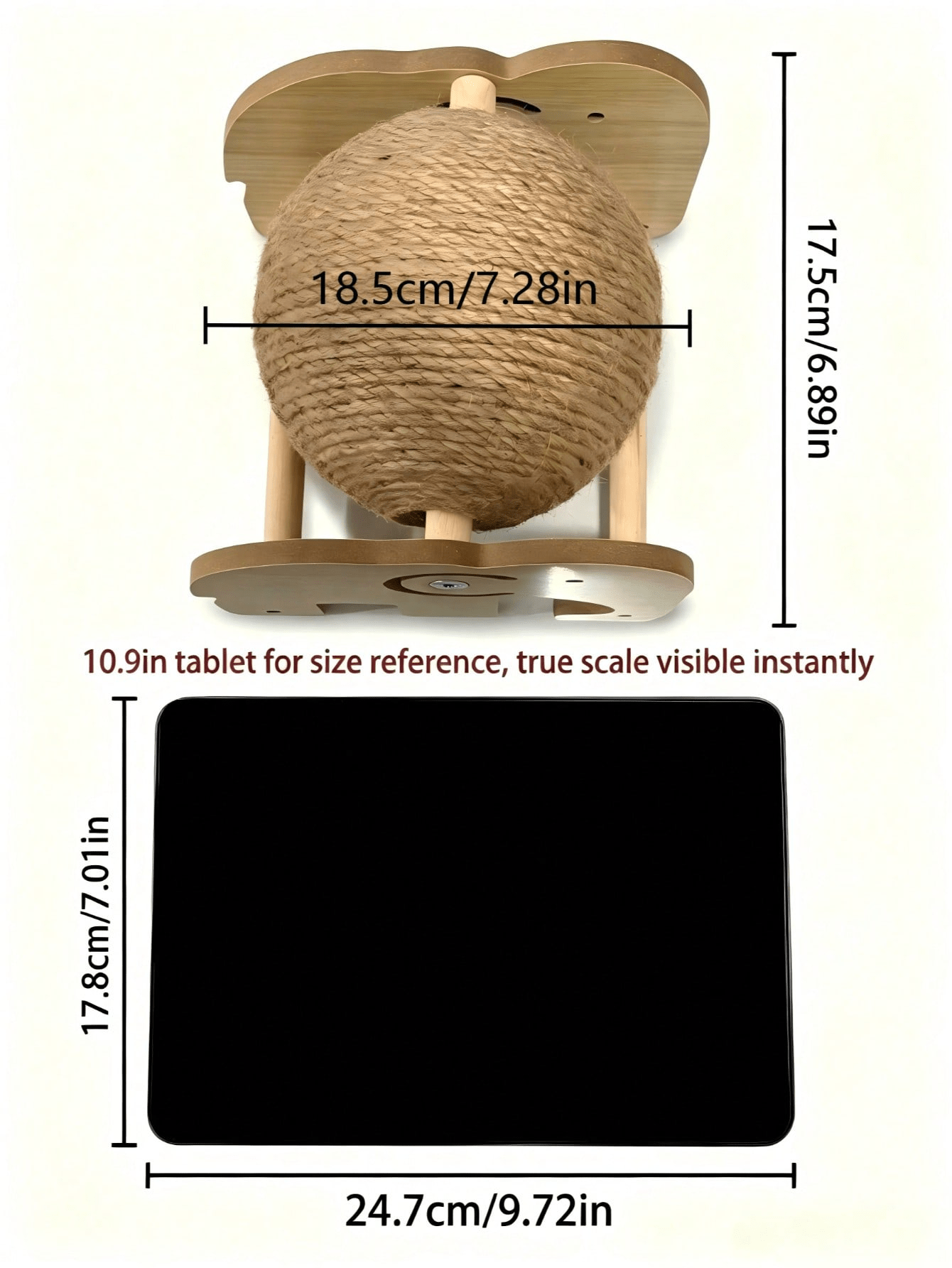 Sisal cat scratching post featuring a vertical roller ball in Lucky Elephant Cat Paw design for cats.