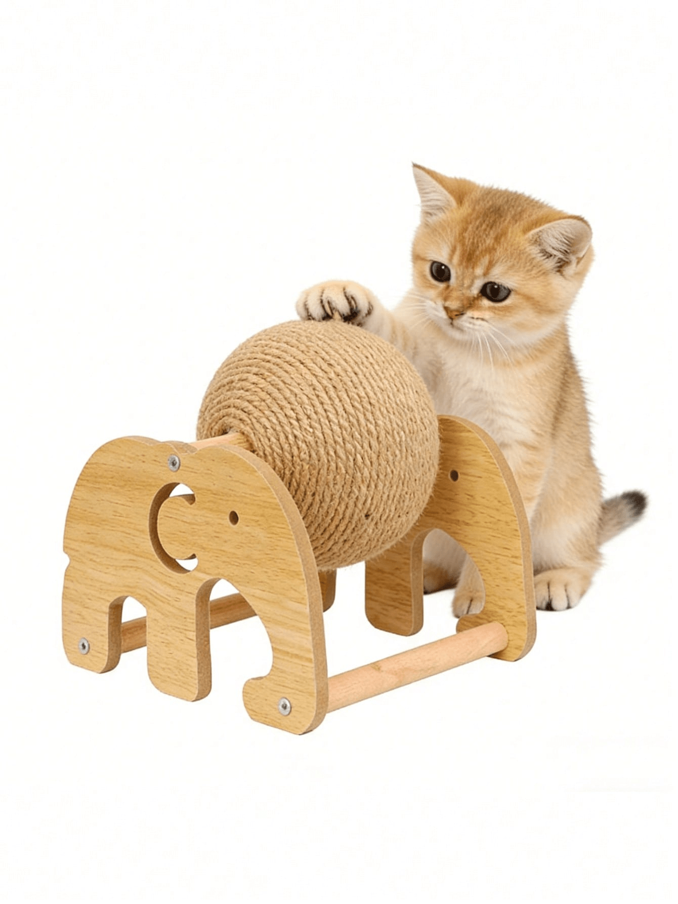 Sisal cat scratching post featuring a vertical roller ball in Lucky Elephant Cat Paw design for cats.