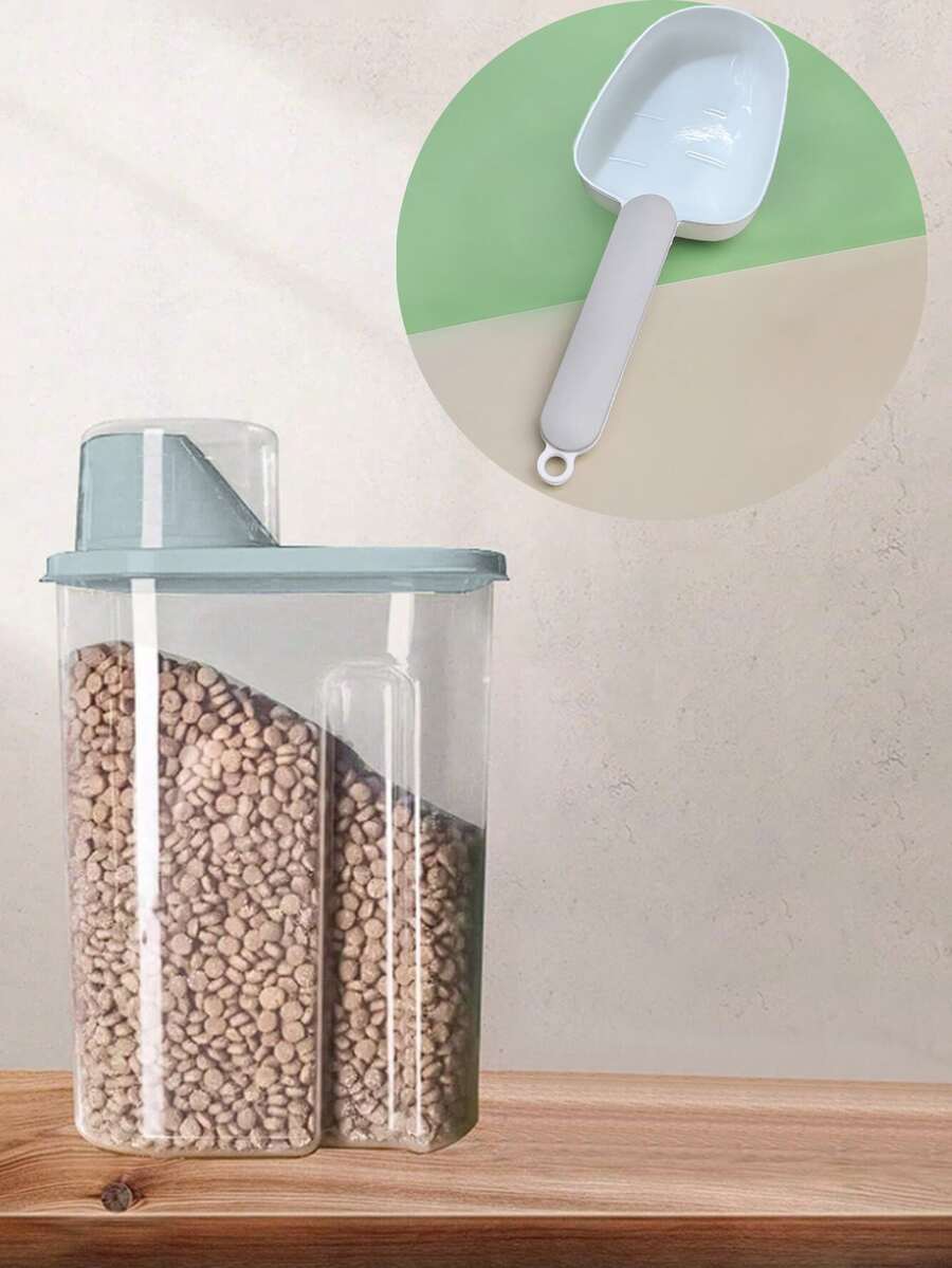 Grey sealed plastic pet food storage bin for storing cat and dog food and snacks.