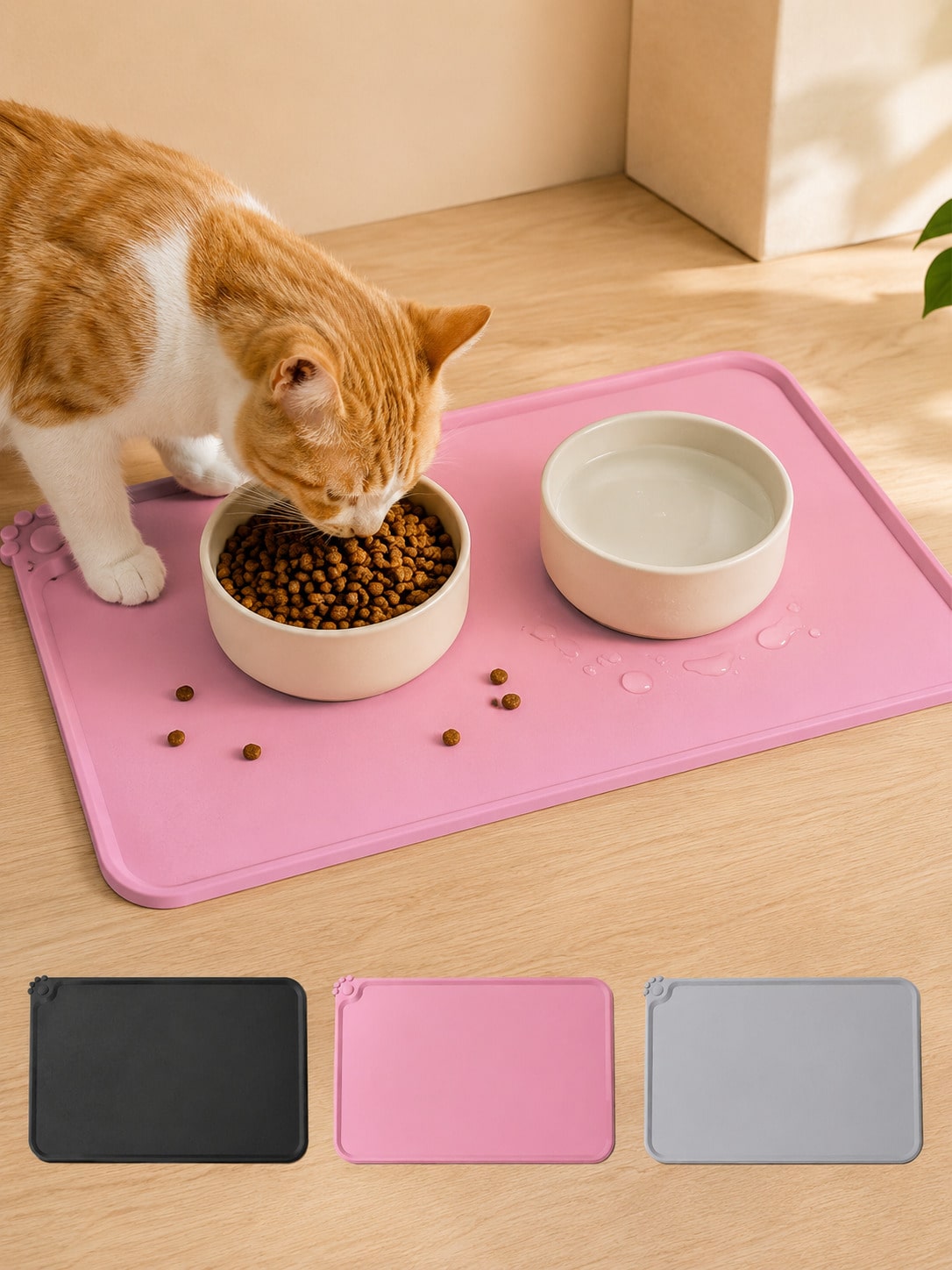 Multicolor waterproof silicone pet feeding mat designed for cats and dogs, featuring a plain non-slip surface to prevent food and water spills.