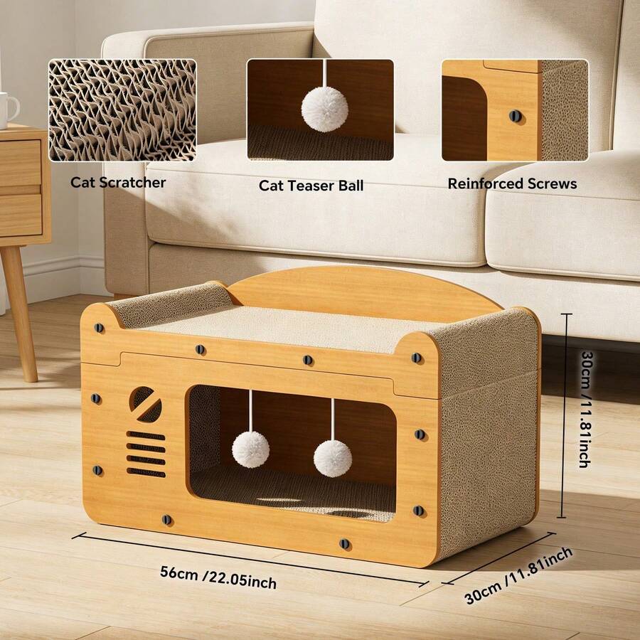 Cardboard 2-in-1 cat scratcher house and indoor pet cave bed with hanging balls for playing and scratching