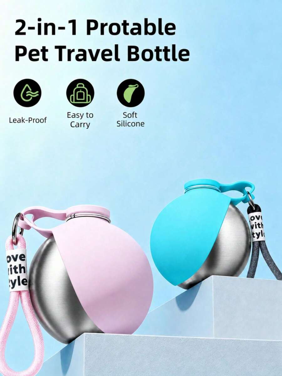 Portable 2-in-1 stainless steel dog water bottle with a colorblock design and foldable bowl, 285 ml capacity for dogs and cats.