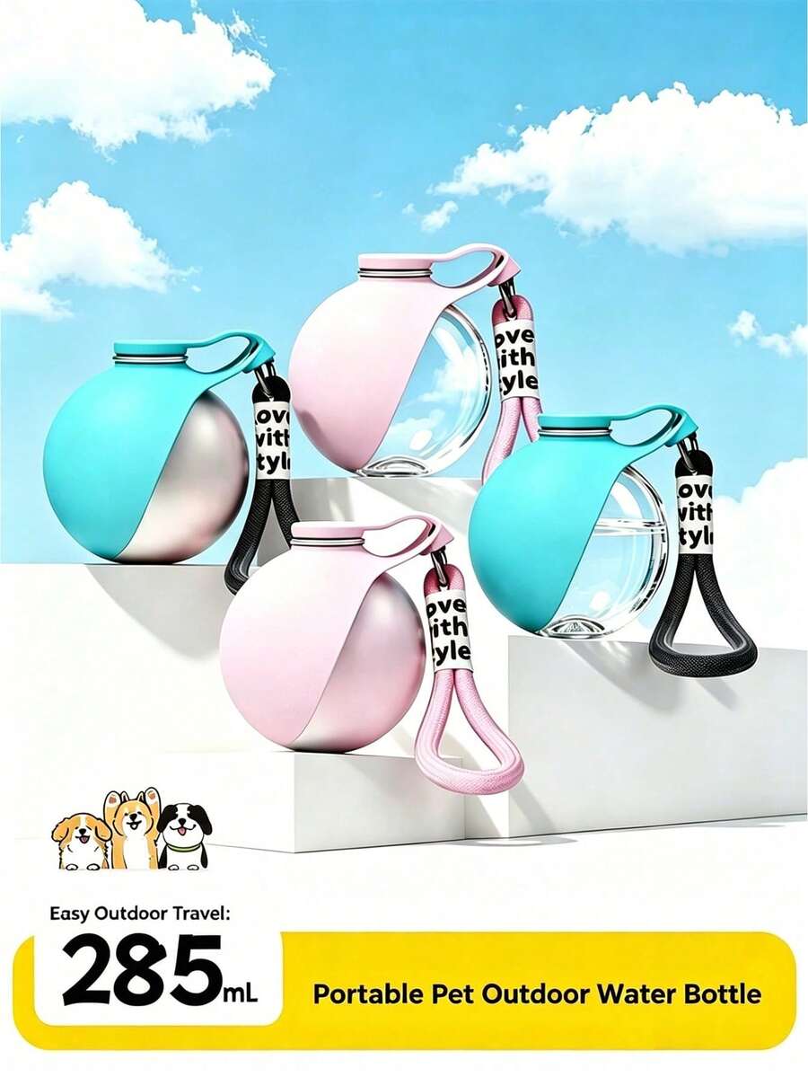 Portable 2-in-1 stainless steel dog water bottle with a colorblock design and foldable bowl, 285 ml capacity for dogs and cats.