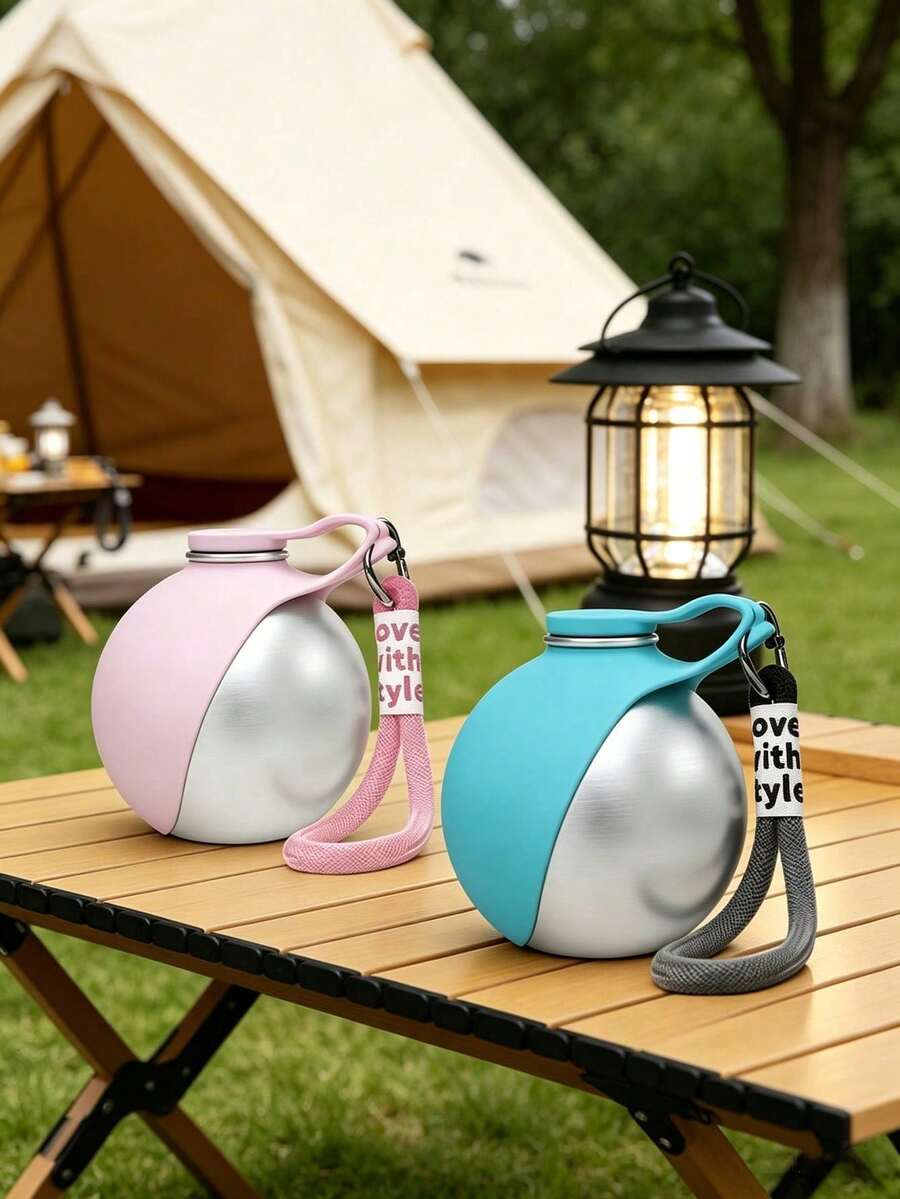 Portable 2-in-1 stainless steel dog water bottle with a colorblock design and foldable bowl, 285 ml capacity for dogs and cats.