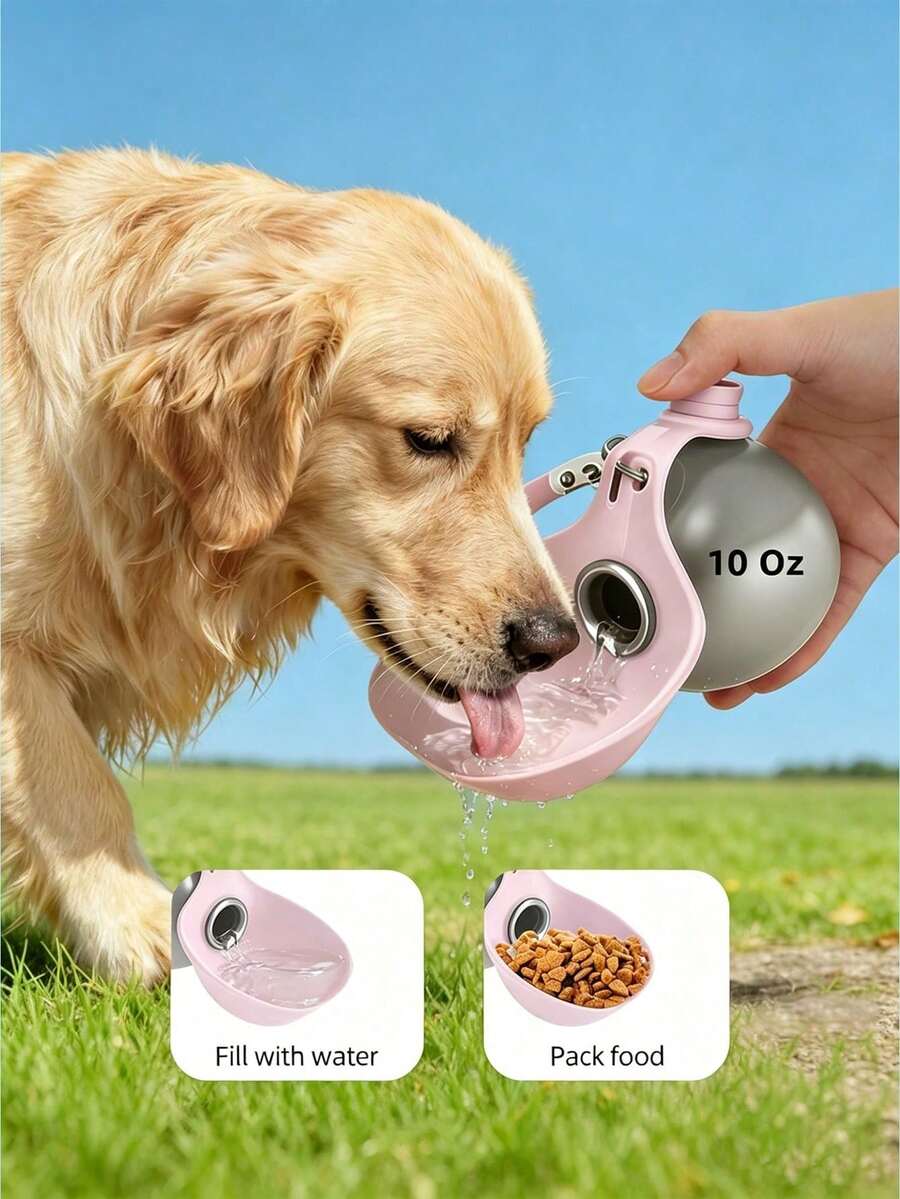 Portable 2-in-1 stainless steel dog water bottle with a colorblock design and foldable bowl, 285 ml capacity for dogs and cats.