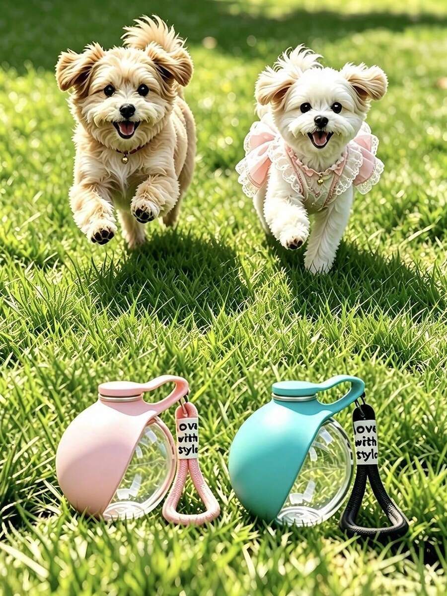 Portable 2-in-1 stainless steel dog water bottle with a colorblock design and foldable bowl, 285 ml capacity for dogs and cats.