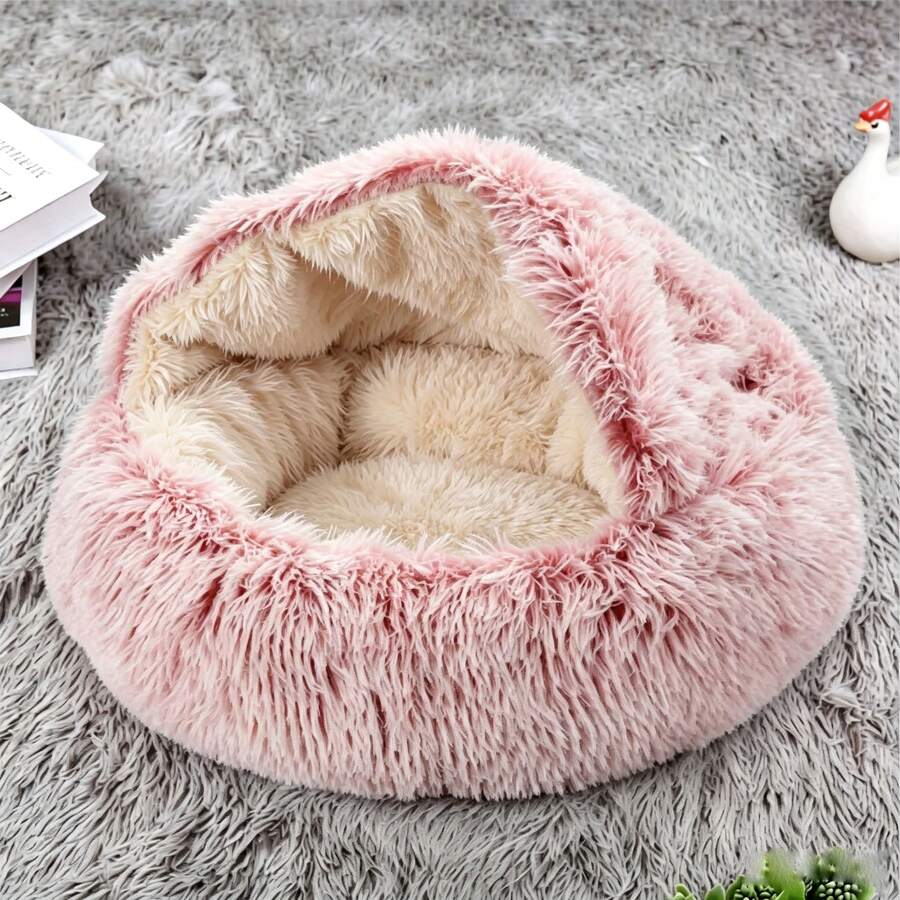 Grey plaid pet cave bed with a warm polyester cover and polypropylene fiber filling designed for indoor cats, puppies, and rabbits.
