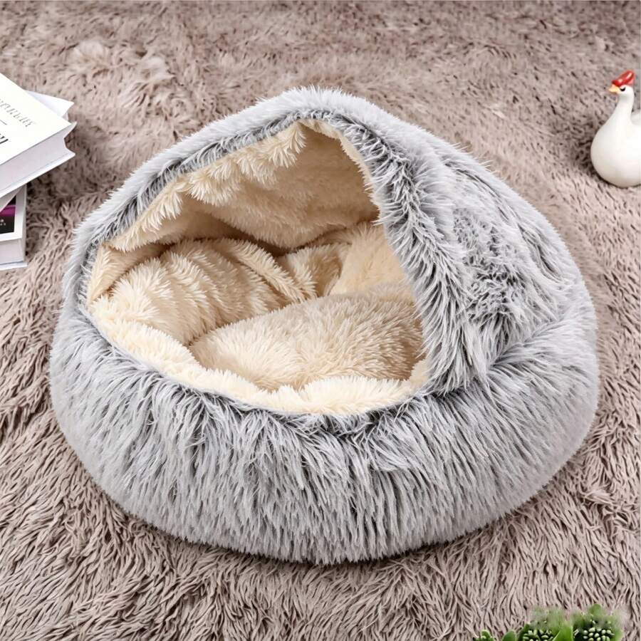 Grey plaid pet cave bed with a warm polyester cover and polypropylene fiber filling designed for indoor cats, puppies, and rabbits.