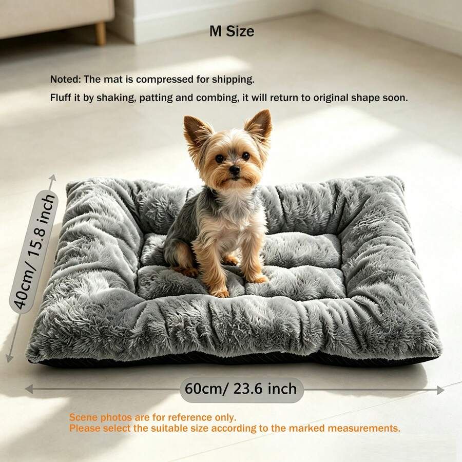 Grey plush pet bed mat with soft long plush top, thick padded filling, and non-slip bottom for dogs and cats