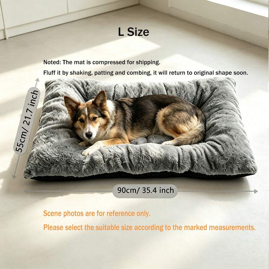 Grey plush pet bed mat with soft long plush top, thick padded filling, and non-slip bottom for dogs and cats