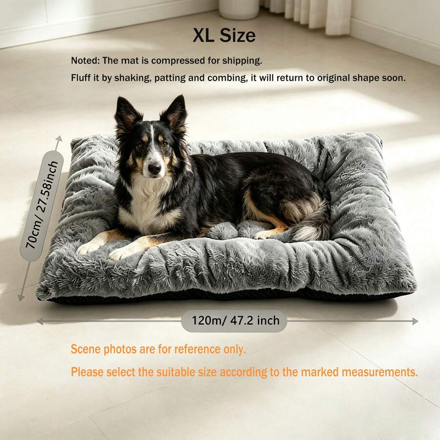 Grey plush pet bed mat with soft long plush top, thick padded filling, and non-slip bottom for dogs and cats