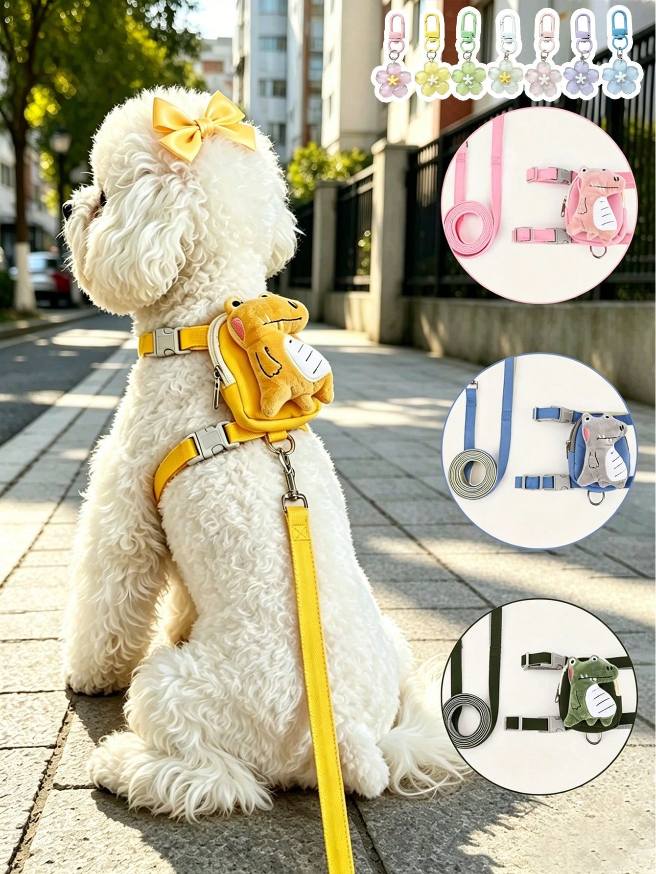 Multicolor cartoon 3D plush dinosaur pet harness and leash set with adjustable polyester harness, pouch, collar, leash, and keychain pendant for cats and dogs.