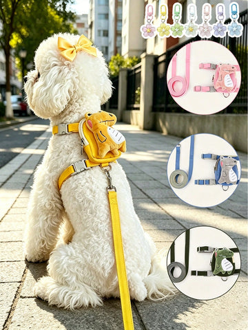 Multicolor cartoon 3D plush dinosaur pet harness and leash set with adjustable polyester harness, pouch, collar, leash, and keychain pendant for cats and dogs.