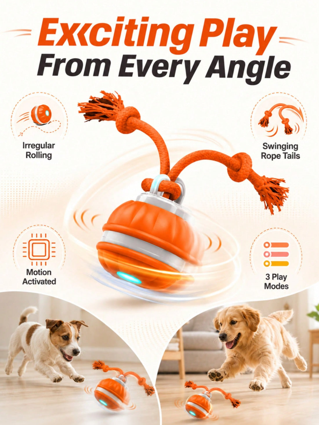 Smart Electric Dog Ball Toy, Motion Sensor Rolling Ball With Durable Rope Tail, Interactive Puppy Toy, Multiple Game Modes, USB Rechargeable Pet Toy, Suitable For Small And Medium Dogs Indoor Entertainment