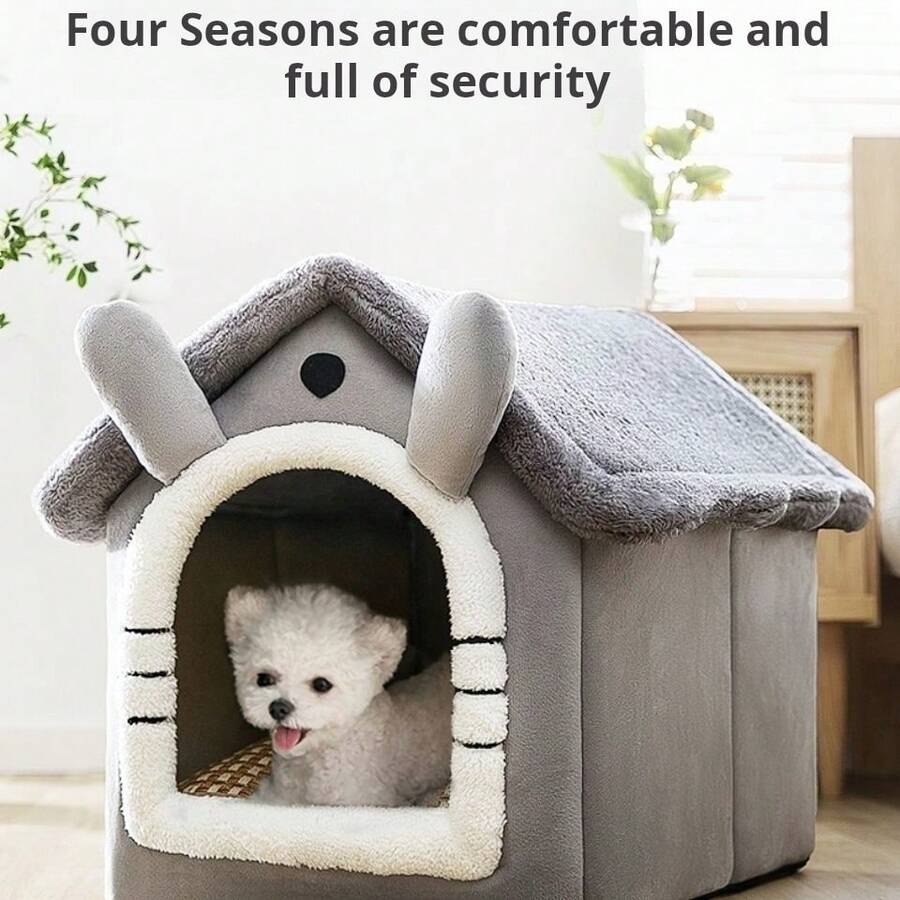 Grey house-shaped semi-enclosed pet villa bed with cartoon pattern for cats and dogs, crafted from soft polyester material.