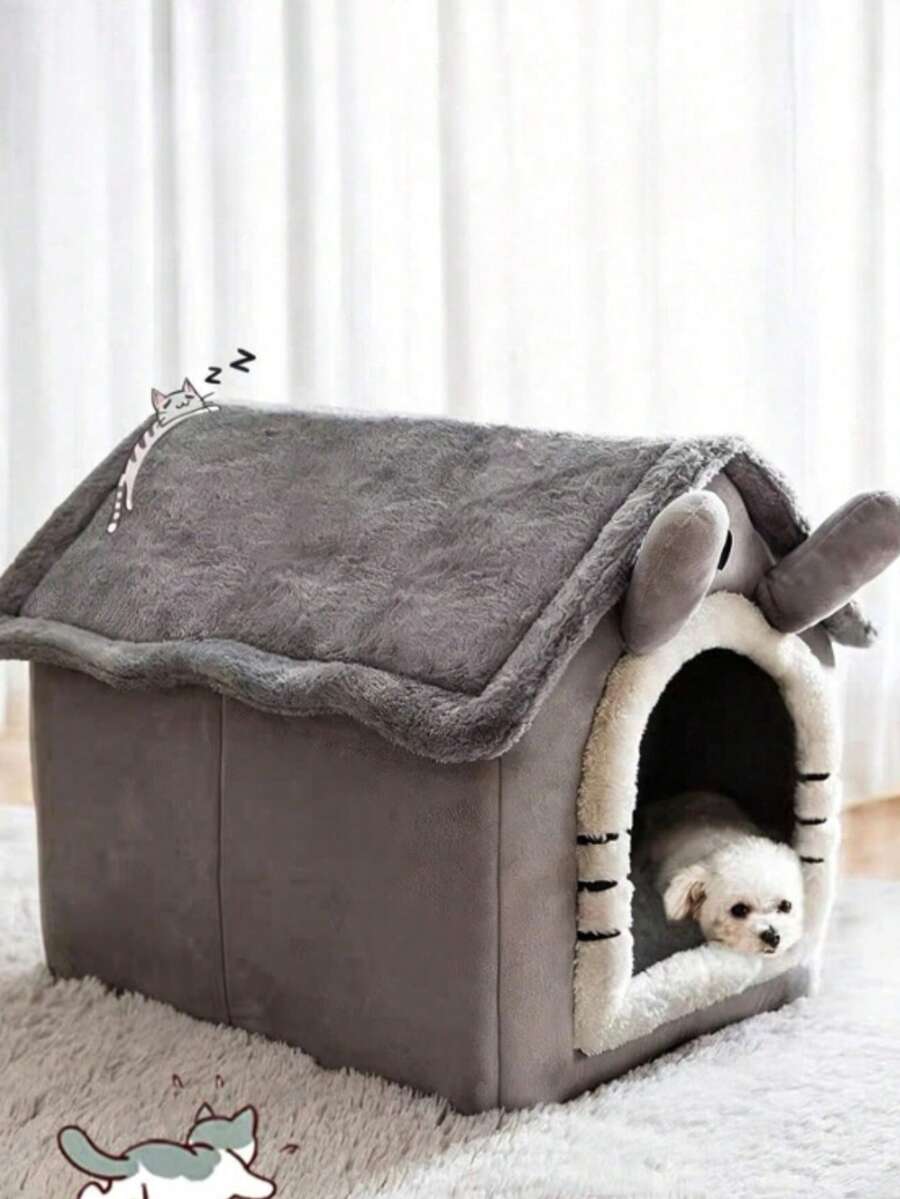 Grey house-shaped semi-enclosed pet villa bed with cartoon pattern for cats and dogs, crafted from soft polyester material.