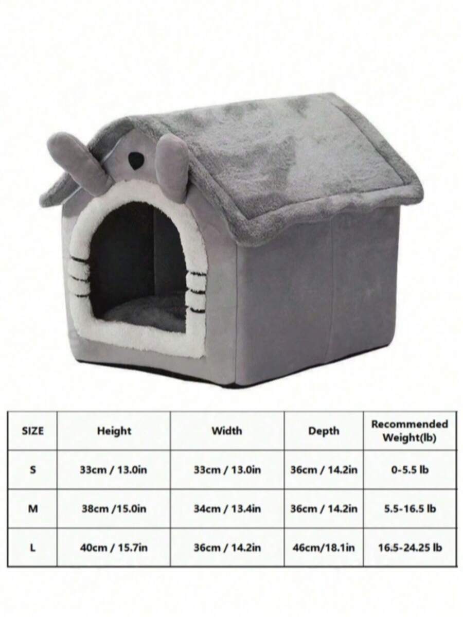 Grey house-shaped semi-enclosed pet villa bed with cartoon pattern for cats and dogs, crafted from soft polyester material.