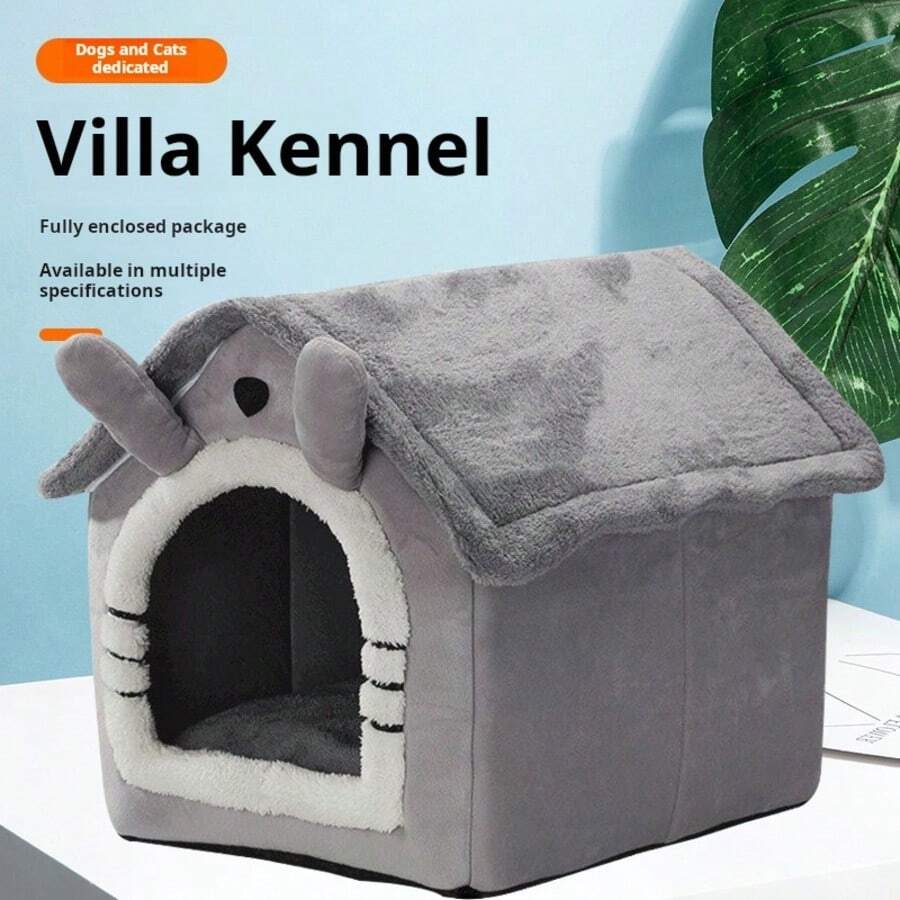 Grey house-shaped semi-enclosed pet villa bed with cartoon pattern for cats and dogs, crafted from soft polyester material.