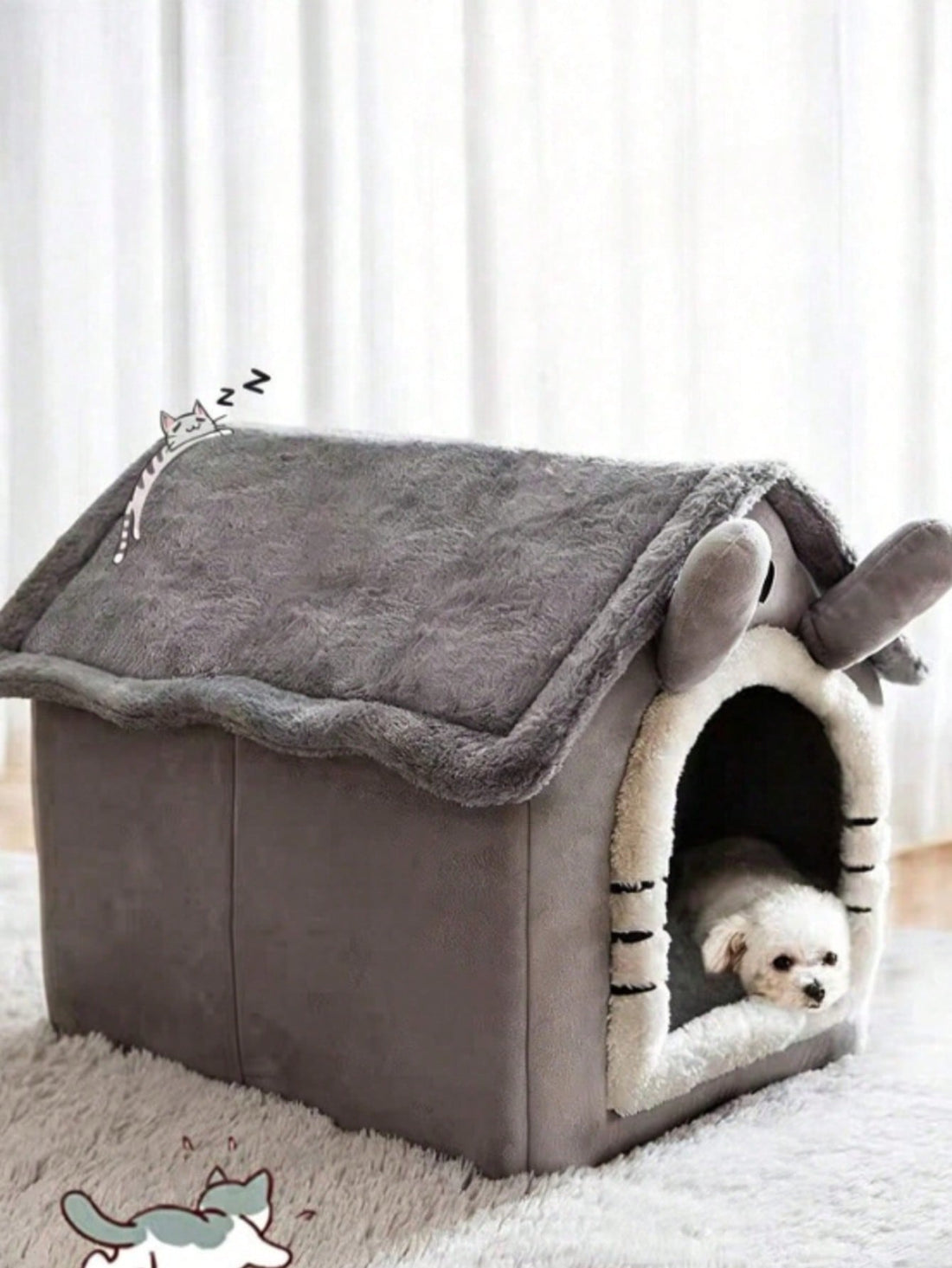 Grey house-shaped semi-enclosed pet villa bed with cartoon pattern for cats and dogs, crafted from soft polyester material.