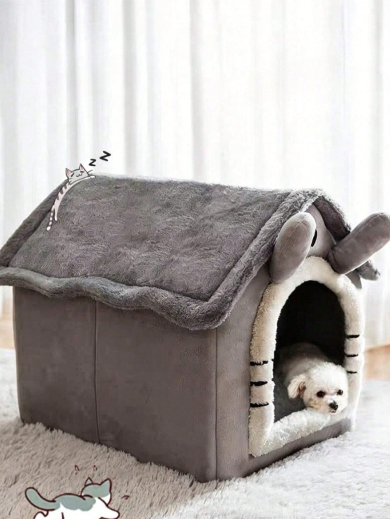 Grey house-shaped semi-enclosed pet villa bed with cartoon pattern for cats and dogs, crafted from soft polyester material.