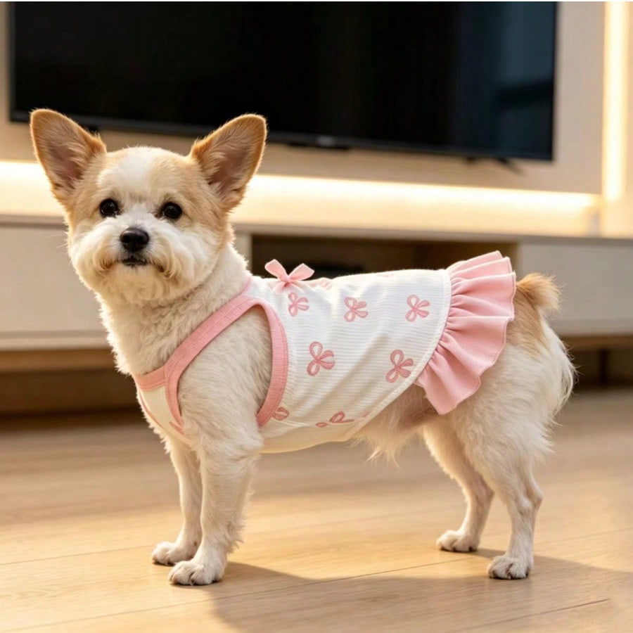 Cherry Print Pet Dress, Sleeveless Ruffle Hem Breathable For Small Dogs And Cats, Suitable For Poodle Teddy Chihuahua, Anti-Shedding
