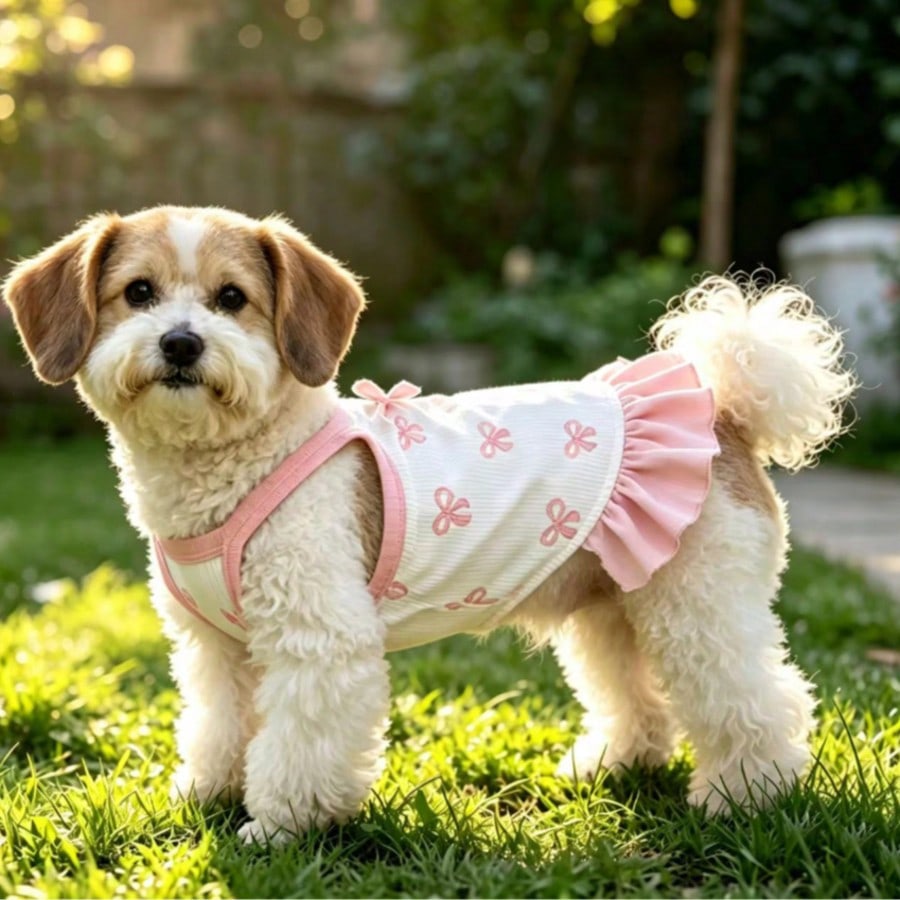 Cherry Print Pet Dress, Sleeveless Ruffle Hem Breathable For Small Dogs And Cats, Suitable For Poodle Teddy Chihuahua, Anti-Shedding